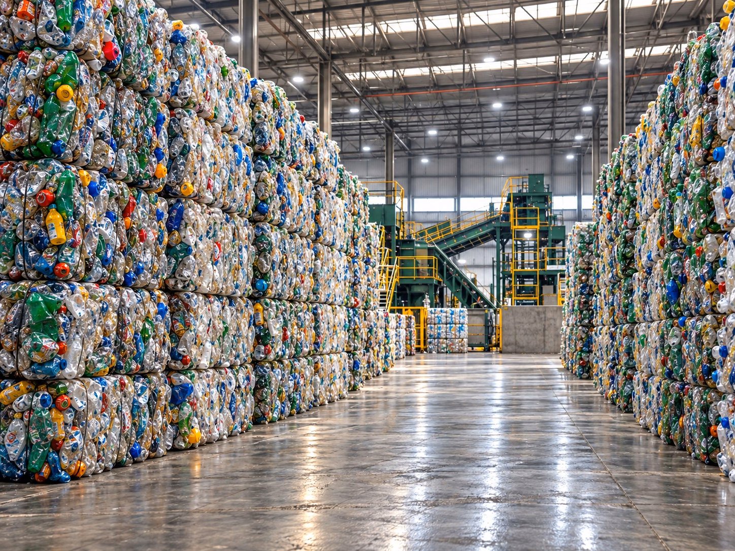 Corredor com fardos de materiais plásticos