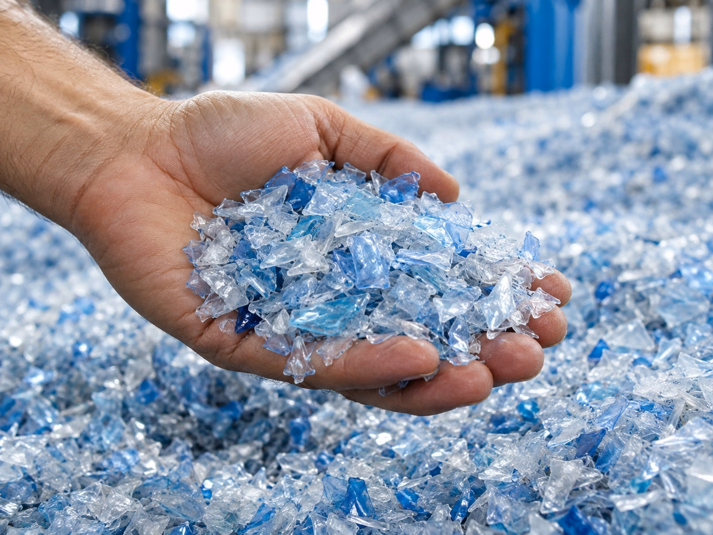 Mão segurando flocos de plástico reciclado