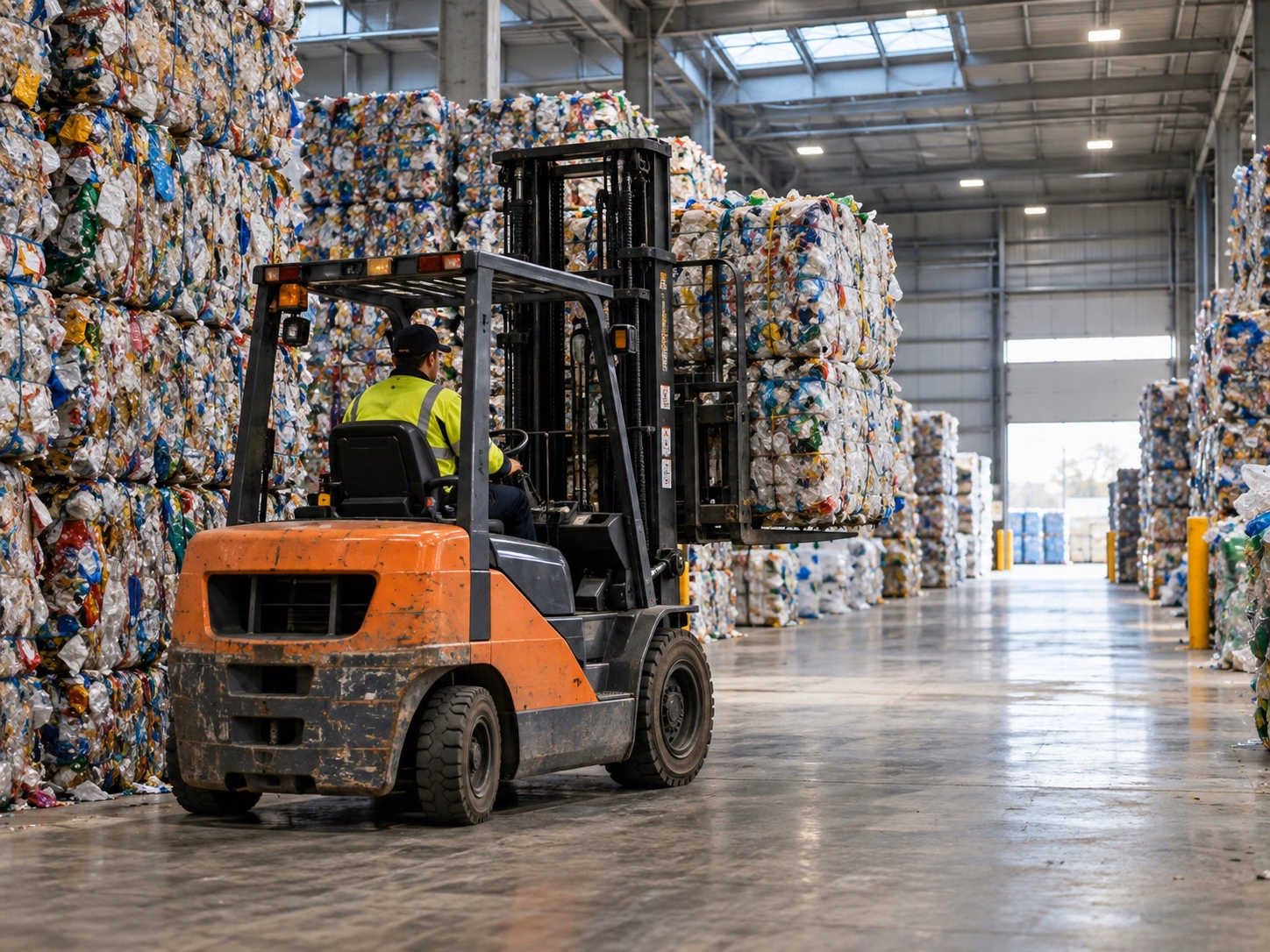 Empilhadeira entre fardos recicláveis